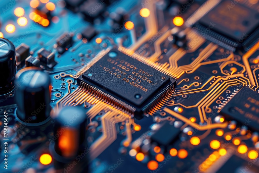 Poster a detailed view of a circuit board showcasing a multitude of electronic components, close-up view of