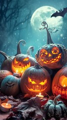 Spooky Halloween Pumpkins in a Dark Forest