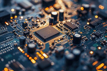 This close up view showcases the intricate circuitry and components of a computer motherboard, Close-up view of a circuit board, AI Generated