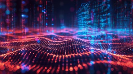 Red and Blue Digital Particles form a Futuristic Cityscape