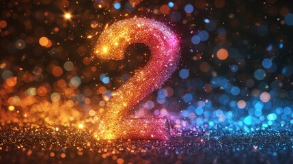 Pink glitter number 2 against blue and gold bokeh background