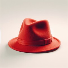 red felt hat with ribbon on white - obrazy, fototapety, plakaty