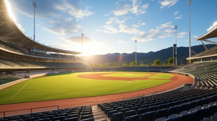 An empty baseball stadium with green field and red clay infield under blue sky during day