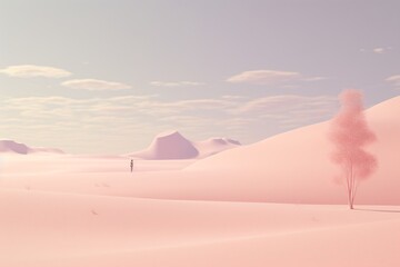 A minimalistic pastel pink wallpaper with a person alone in the world