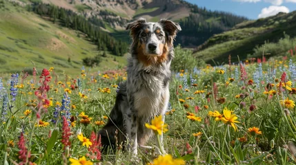 Photo sur Plexiglas Prairie, marais Australian Shepherd dog sitting in meadow field surrounded by vibrant wildflowers