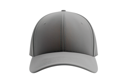 grey baseball cap mockup front view, white background isolated PNG