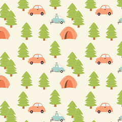 Obraz na płótnie Canvas Hand drawn kids adventure expedition seamless pattern. Vector illustration can used for bedclothes, textile, wallpapers. Cartoon camping equipment. 