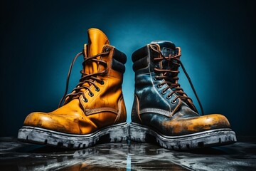 a pair of boots on a reflective surface