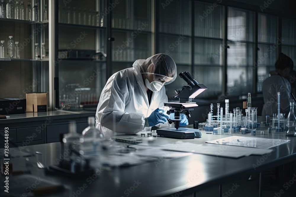 Poster scientist clad in protective lab gear is intently analyzing samples through microscope in dimly lit 