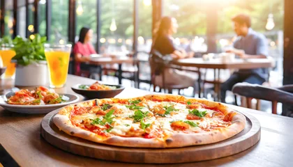 Gordijnen Pizza, im Hintergrund ein Restaurant mit fröhlichen Gästen  © Sina Ettmer