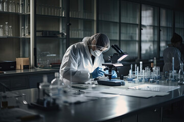 Scientist clad in protective lab gear is intently analyzing samples through microscope in dimly lit research laboratory setting