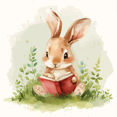 Cute rabbit cartoon reading a book in the grass