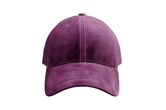 Purple baseball cap mockup front view, white background isolated PNG