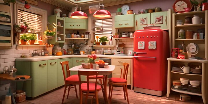 Interior of kitchen with red fridge, counters, shelves, table and chairs 4K Video