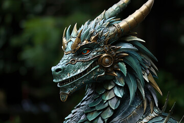 Meticulously crafted dragon sculpture adorned with steampunk-inspired elements, set against blurred natural background, highlighting contrast between mythical creativity and organic environment