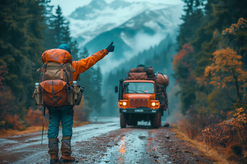 A lone traveler seeking adventures in the mountain
