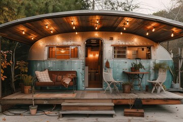 Peeking into an inviting retro airstream trailer revealing a charming and tastefully decorated interior