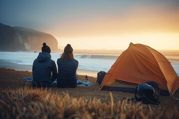 A couple sits beside a tent, enjoying a seaside sunset, creating a sense of adventure and connection