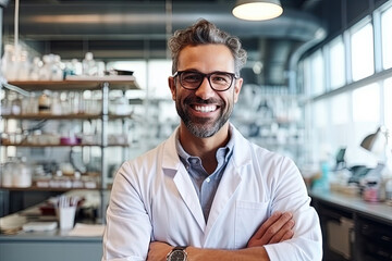 Happy male scientist wearing a lab coat and glasses stands with his arms crossed, exuding...
