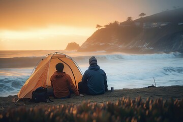 Friends share a moment by their camping tent overlooking the ocean at sunset, feeling tranquility - obrazy, fototapety, plakaty
