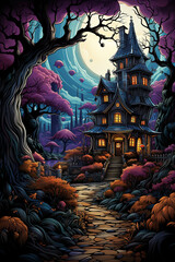 Enchantic painting depicting fabulous house located in dense wonderful forest surrounded by lush green trees and foliage