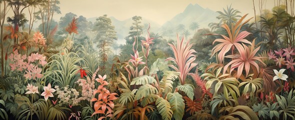 Watercolor pattern wallpaper. Painting of a jungle landscape.