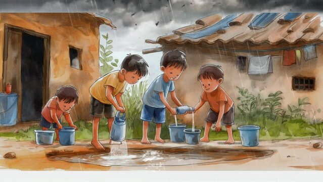 Some children fetching water when the rain comes. Seamless looping 4k timelapse virtual video animation background