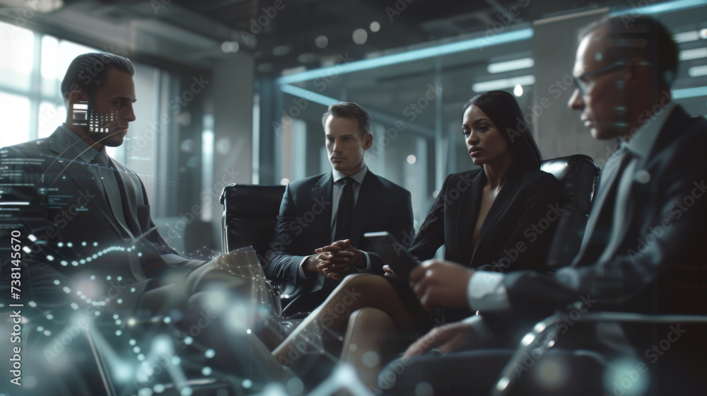 Poster a team of professionals is intently analyzing digital data on futuristic transparent screens in a hi