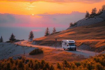 An RV enjoys the last warming rays of the setting sun on a quiet mountainous road, capturing the essence of wanderlust