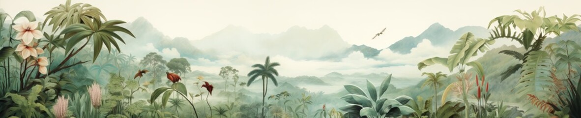 Watercolor pattern wallpaper. Painting of a jungle landscape.