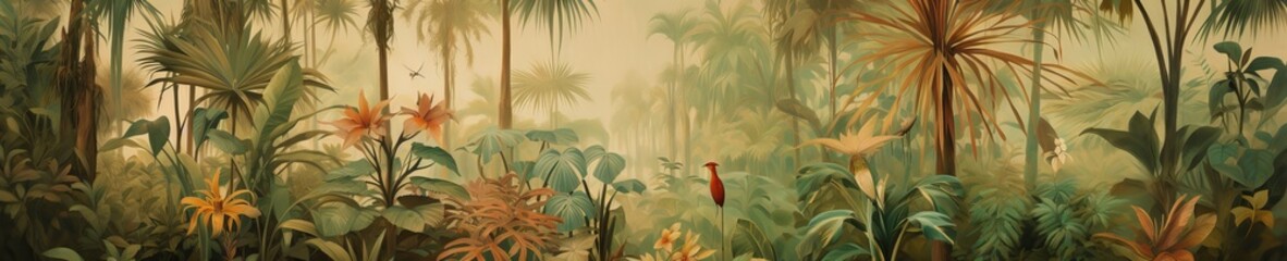 Fototapeta na wymiar Lush jungle landscape in watercolor style.