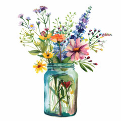 Flowers watercolor painting glass jar with garden