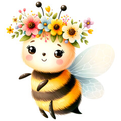 Cute floral bee watercolor clipart with transparent background