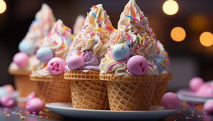 Homemade ice cream cone, a sweet treat for summer celebration generated by AI
