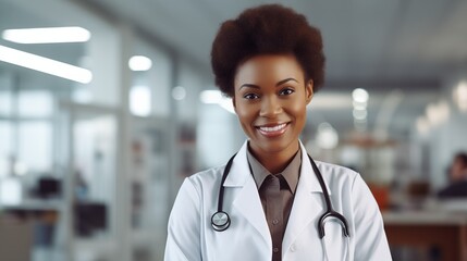 Portrait of female African American doctor standing at clinic