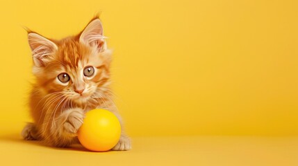 Fototapeta na wymiar Photo portrait of a red Maine Coon kitten playing ball on a light yellow monochrome background. A postcard with a place for the text