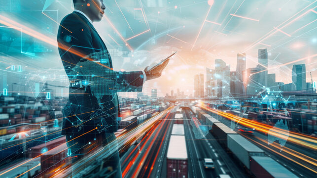 futuristic scene where a person is using augmented reality (AR) to interact with a complex interface, overlaid on a shipping port background.