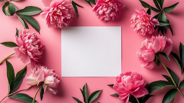 Pinkish peonies encompassing a blank piece of paper with a pink setting and space, Generative AI.