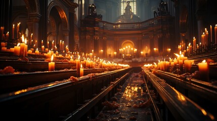 Fototapeta na wymiar Candlelit Church interior: A scene of a candlelit church, creating a reverent atmosphere.