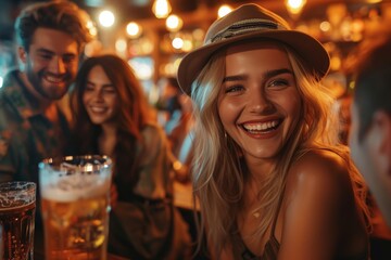 Smiling woman in trendy hat with friends behind in a warm vibrant pub atmosphere
