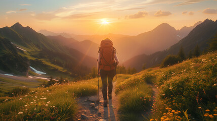 Fototapeta premium Woman enjoying hike on sunny vacation day. Female with backpack walking through forest path or lake view. Spending summer vacation close to nature. with forest green woods around. Woman enjoying hike.