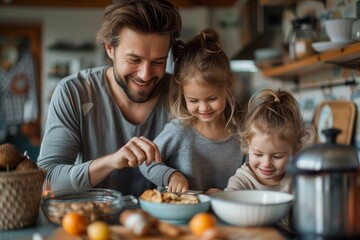 Smiling dad in a modern kitchen prepares food with his two young daughters, illustrating a happy family - Powered by Adobe