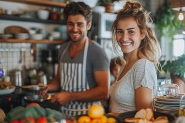 An engaging couple stands in a contemporary kitchen, prepping food with smiles on their faces