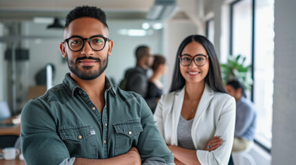 A man and a woman, both wearing glasses, are smiling and confidently standing in a modern office...