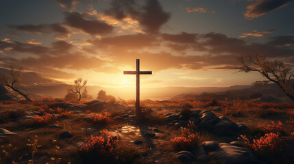 A serene depiction of a cross against a beautiful sunrise. - obrazy, fototapety, plakaty