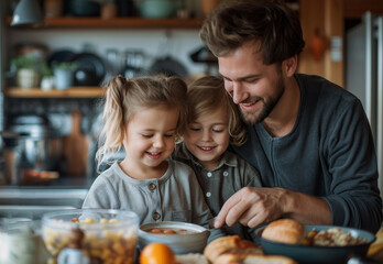 Obraz premium Smiling family having fun while cooking breakfast together, creating precious moments in a warm kitchen