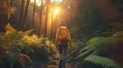 Fototapeta premium Woman enjoying hike on sunny vacation day. Female with backpack walking through forest path or lake view. Spending summer vacation close to nature. with forest green woods around. Woman enjoying hike.