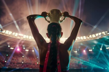 Back view of a female athlete holding up a trophy against the backdrop of an illuminated stadium full of spectators - obrazy, fototapety, plakaty
