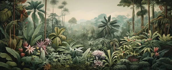 Canvas schilderij Kaki Watercolor pattern wallpaper. Painting of a jungle landscape.  © Simon