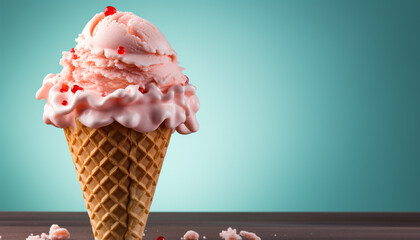 Indulgent gourmet dessert strawberry ice cream on a waffle cone generated by AI